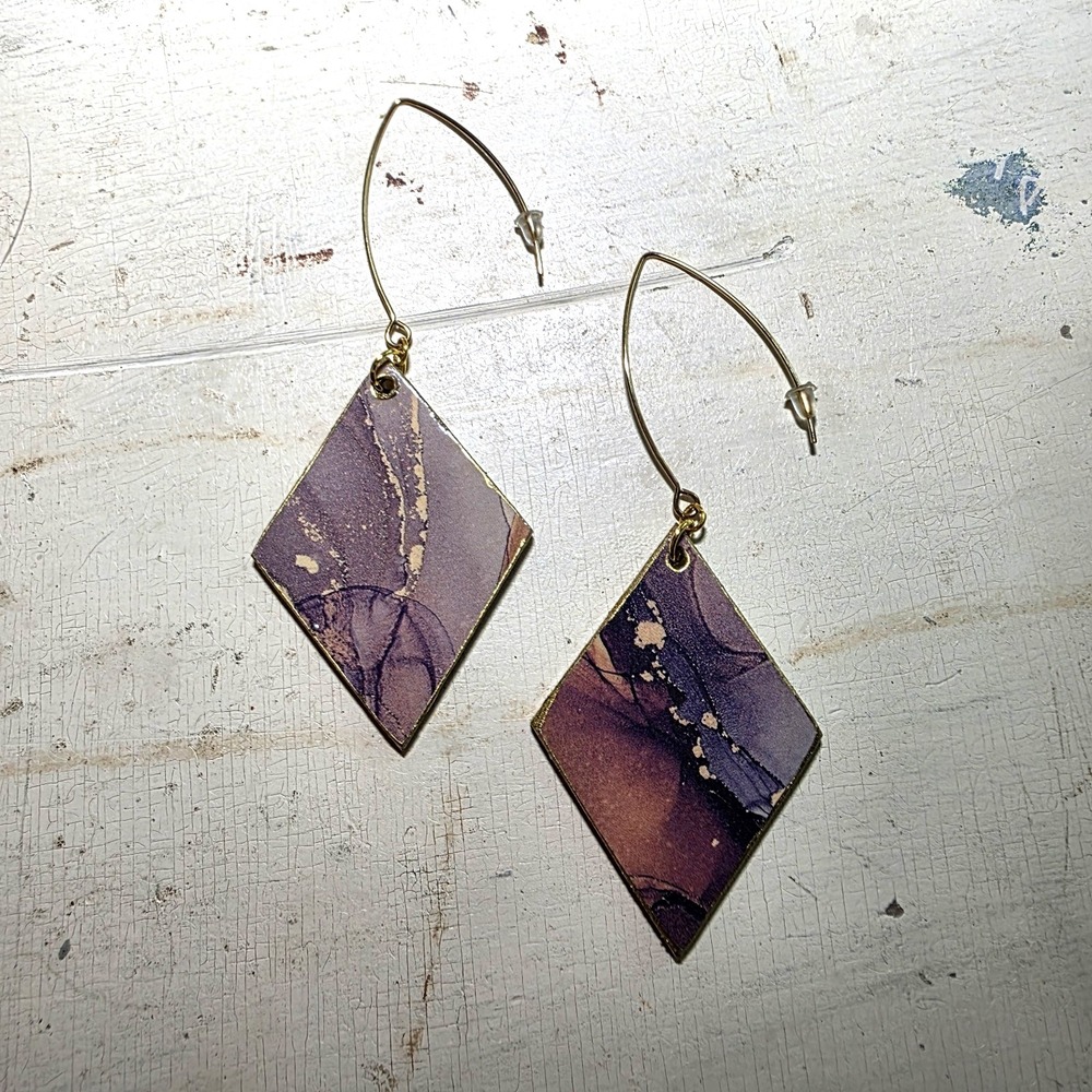 Handmade Abstract Wood Statement Earrings OOAK Taupe Brown Gold Metallic Dangles - Picture 3 of 7